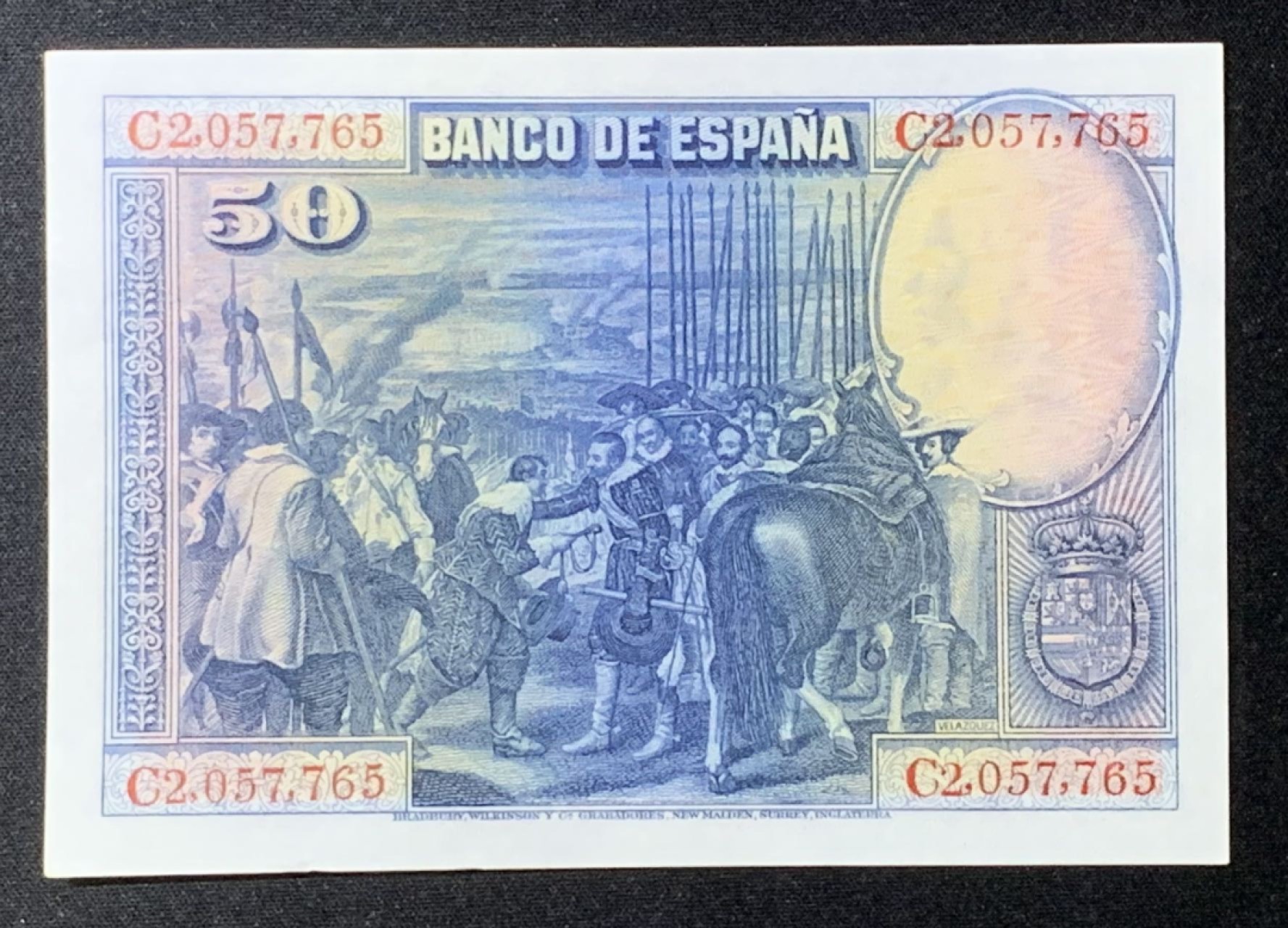 紫瑗钱币——第272期拍卖—纸币场 西班牙 1928年 油画《布雷达的献城》50比塞塔 UNC