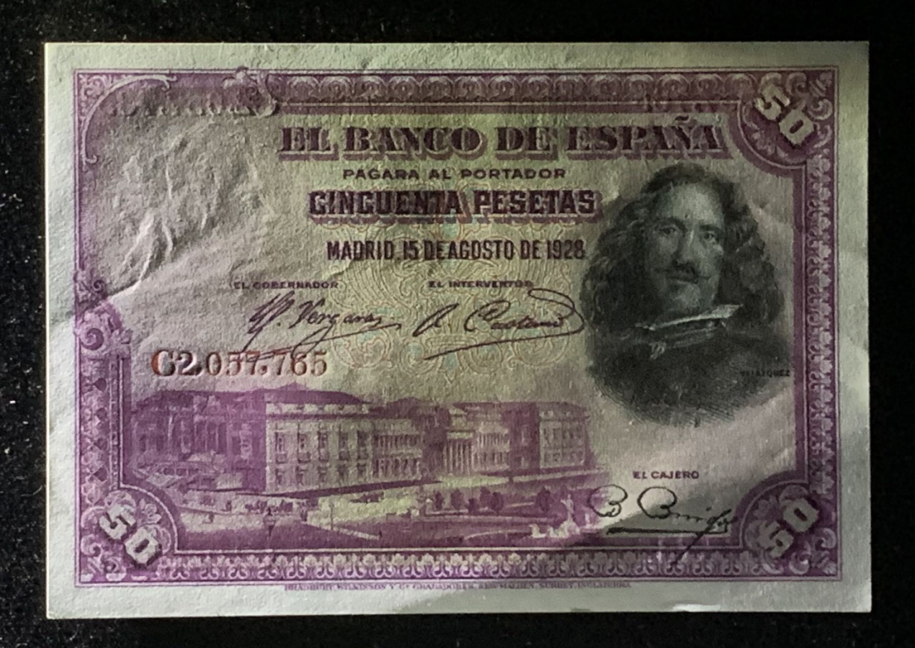 紫瑗钱币——第272期拍卖—纸币场 西班牙 1928年 油画《布雷达的献城》50比塞塔 UNC