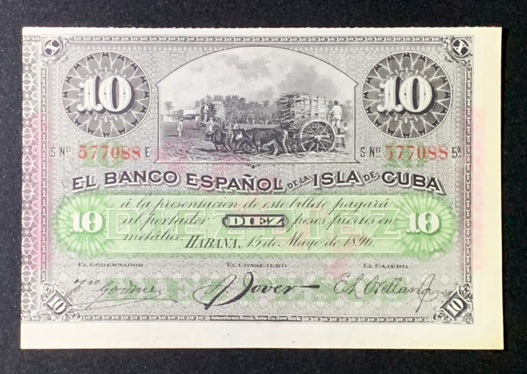 紫瑗钱币——第272期拍卖—纸币场 【叠尾巴8】古巴 1896年 西班牙银行 10比索 银币券 UNC