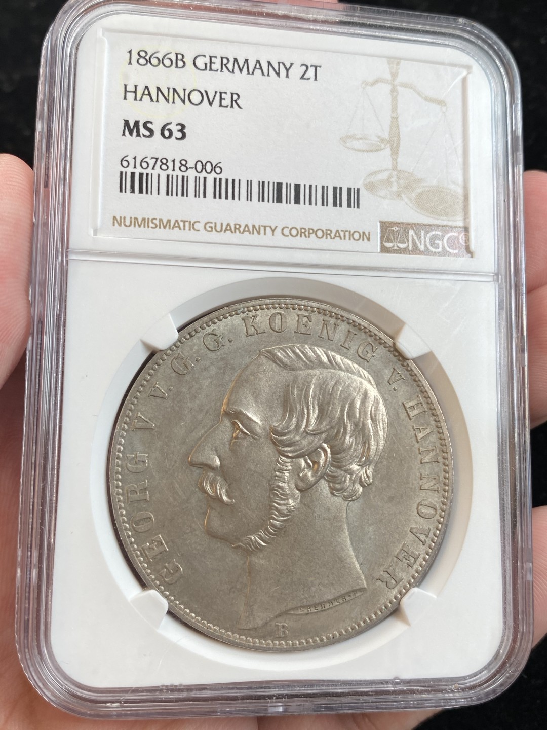 万国钱币拍卖第009期（万国白金之夜） NGC MS63 1866德国汉诺威狮马2泰勒，狮马2t中发行量最少的一个年份，仅三万多枚。