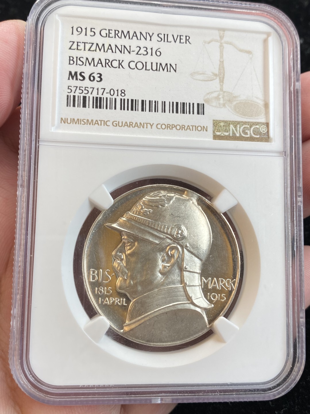 万国钱币拍卖第009期（万国白金之夜） NGC MS63 1915年德国俾斯麦百年诞辰建功镜面银章