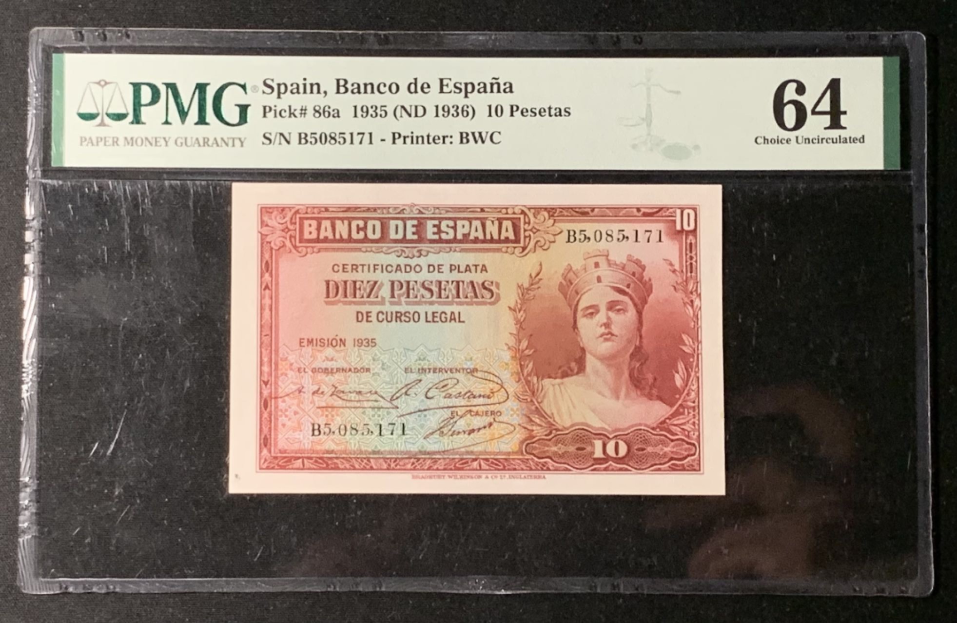 紫瑗钱币——第272期拍卖—纸币场 西班牙 1935年 妇女 10比塞塔 PMG 64 (P-86a)