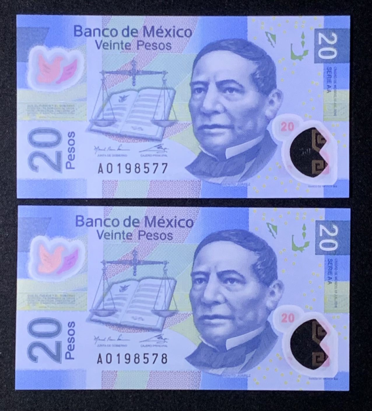 紫瑗钱币——第272期拍卖—纸币场 【首发AA冠】墨西哥 2016年 20比索 塑料币  UNC 2枚一组