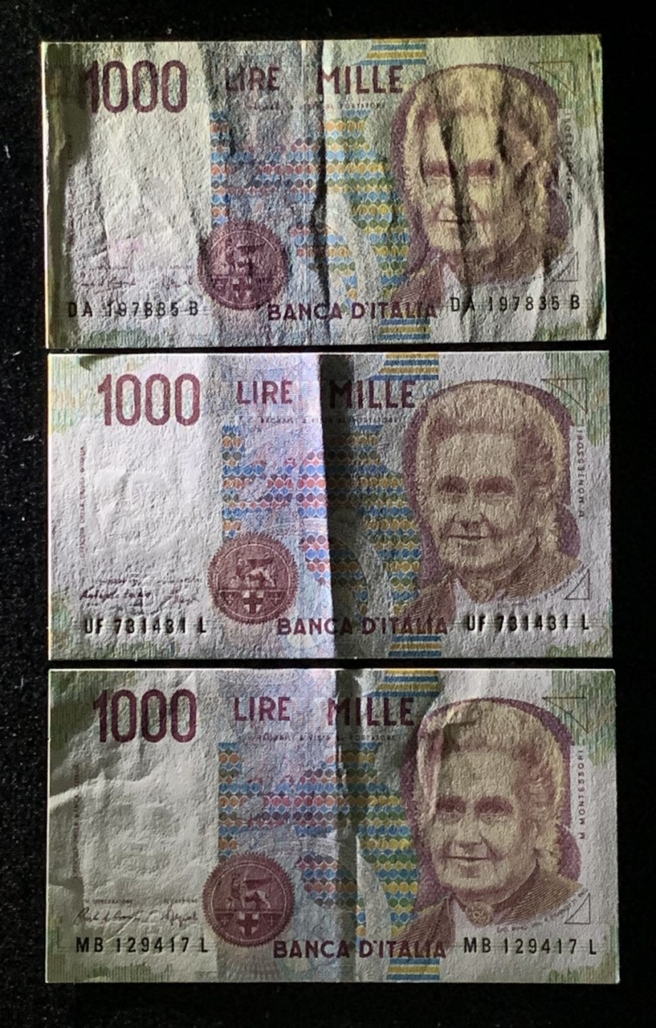 紫瑗钱币——第272期拍卖—纸币场 意大利 末版 1000里拉 3张一起 红包折 AU