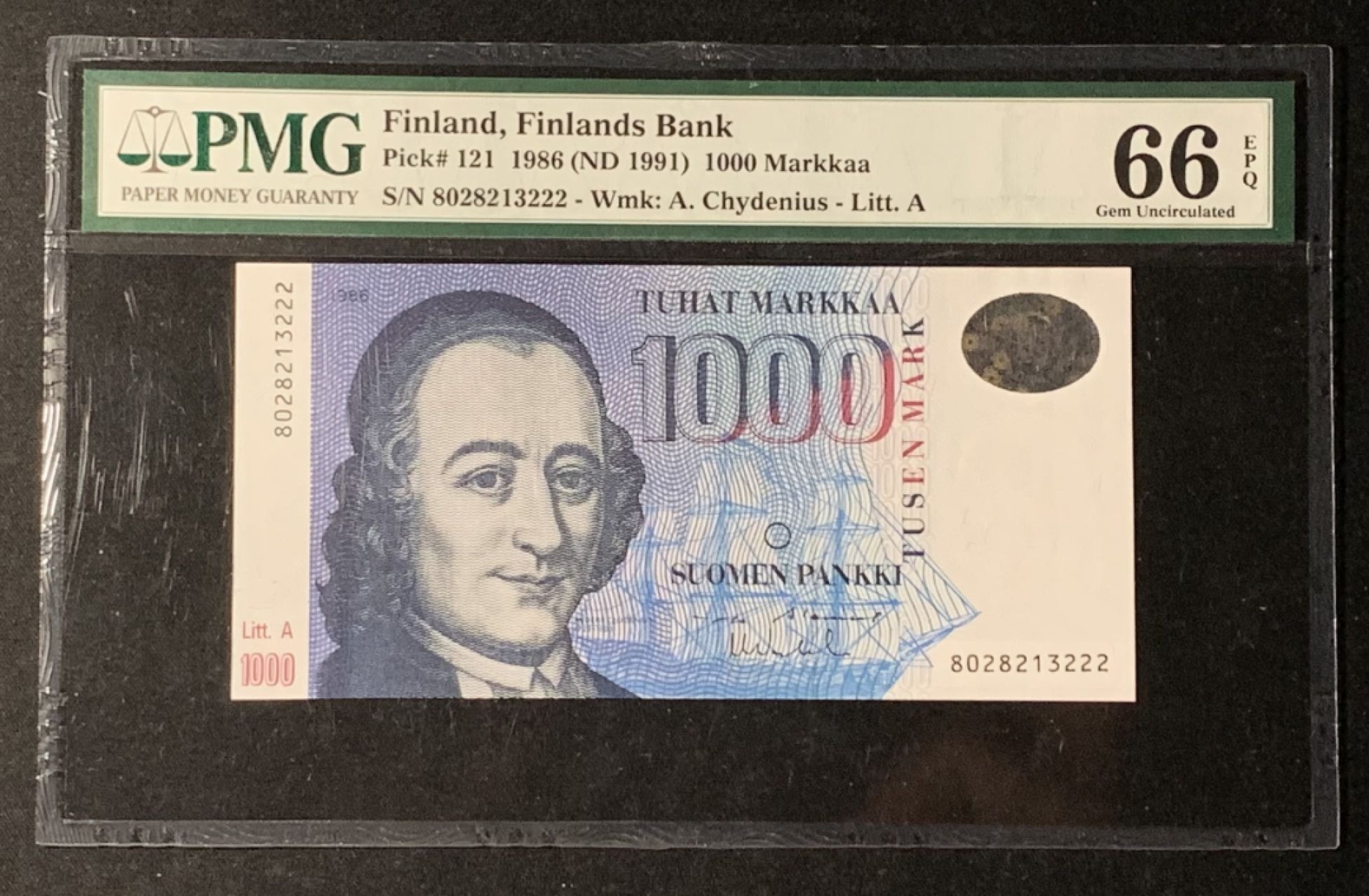 紫瑗钱币——第272期拍卖—纸币场 【豹子号2】芬兰 1991年 1000马克 PMG 66 EPQ