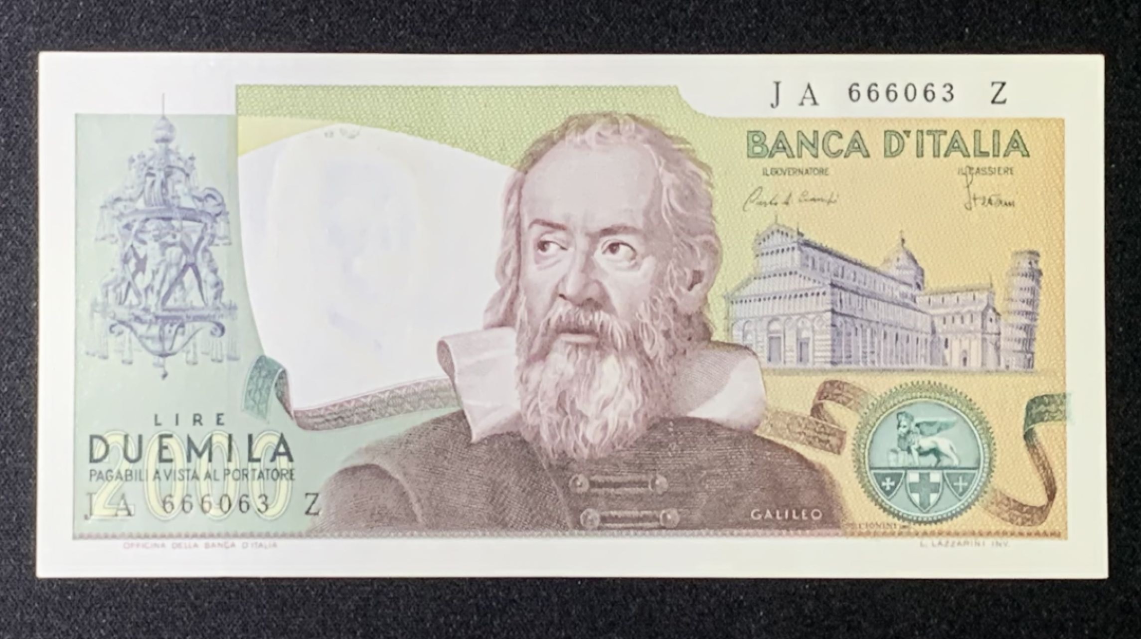 紫瑗钱币——第272期拍卖—纸币场 【倒置号】意大利 1973年 伽利略 2000里拉 UNC