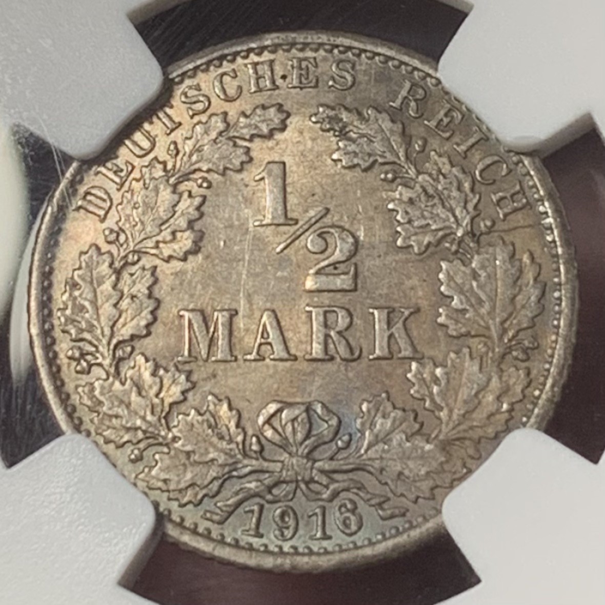 紫瑗钱币——第273期拍卖 德国 1916年 G版 第二帝国 1/2马克 银币 NGC MS62 五彩包浆
