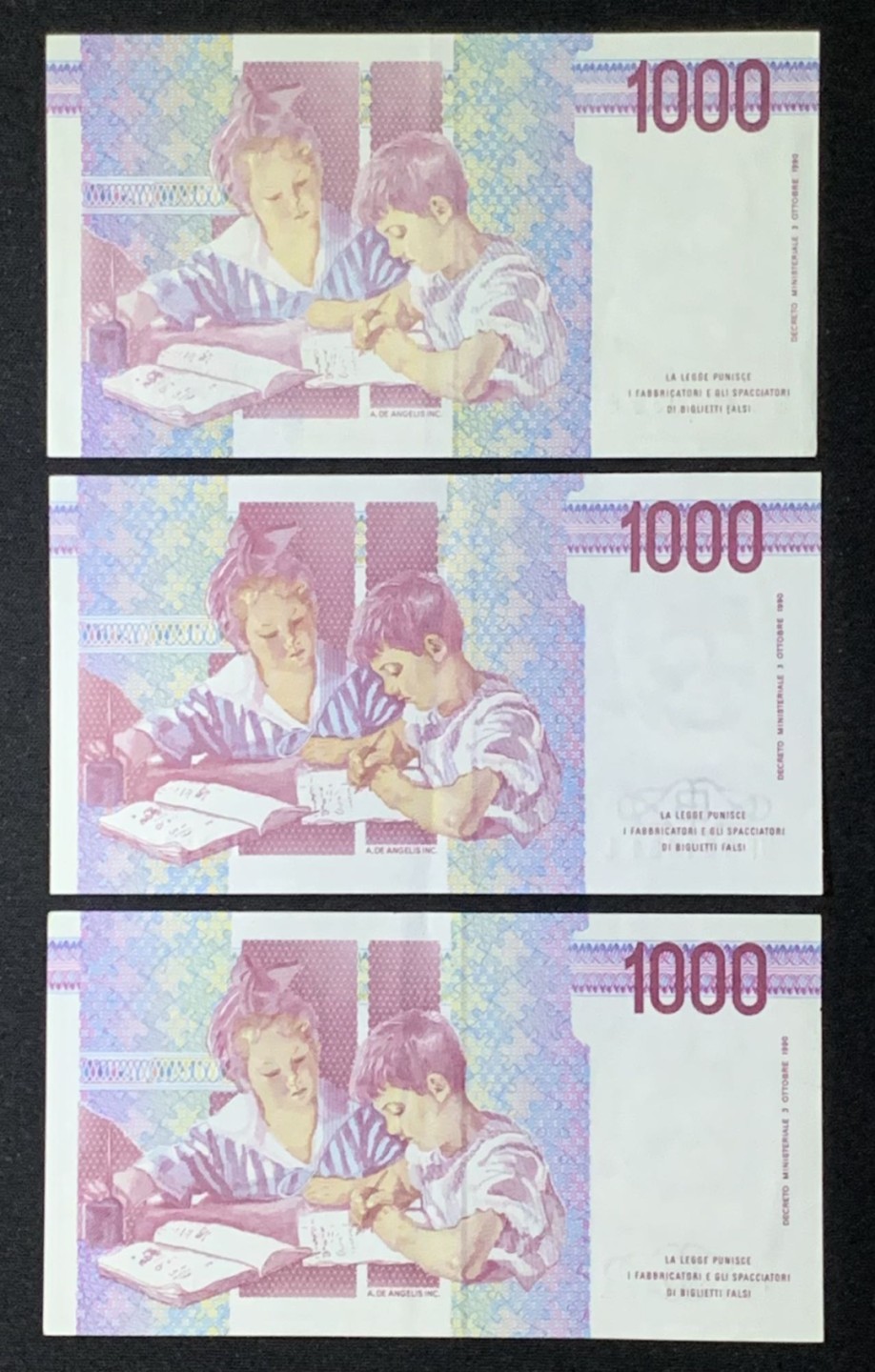 紫瑗钱币——第272期拍卖—纸币场 意大利 末版 1000里拉 3张一起 红包折 AU