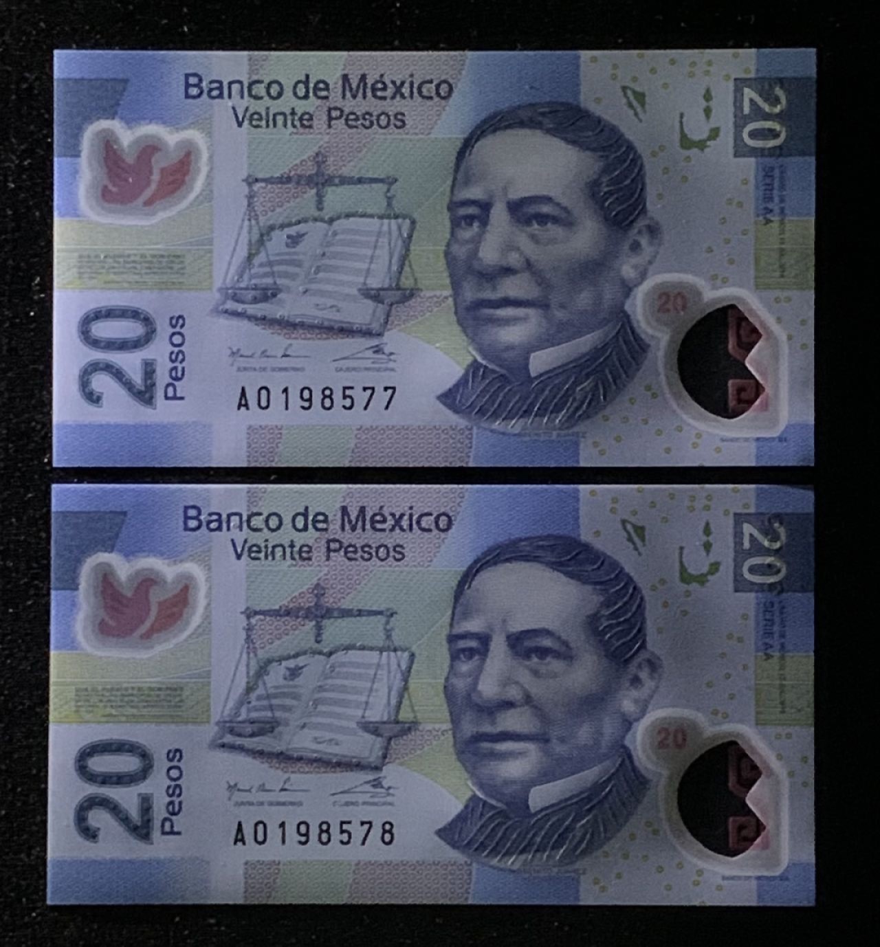 紫瑗钱币——第272期拍卖—纸币场 【首发AA冠】墨西哥 2016年 20比索 塑料币  UNC 2枚一组