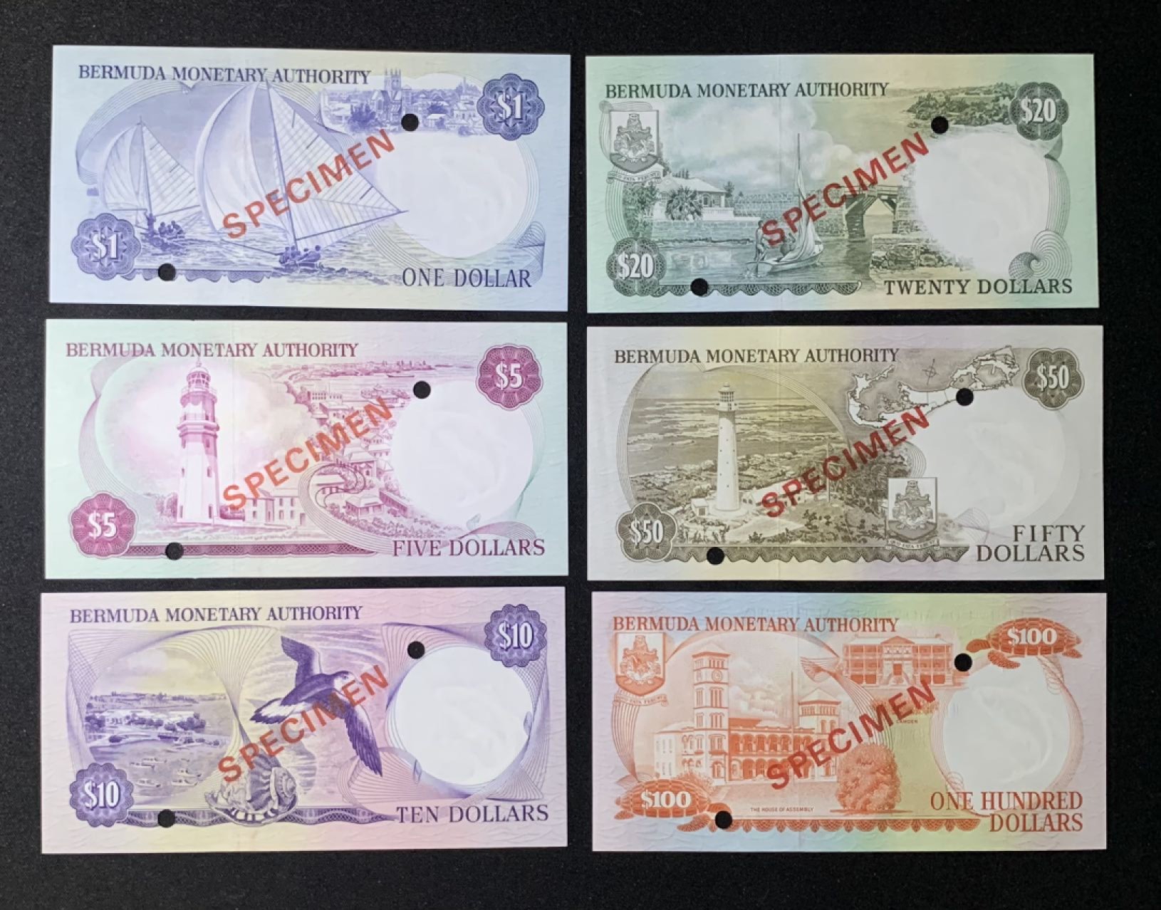 紫瑗钱币——第272期拍卖—纸币场 【尾3同】百慕大 1978—1982年 1—100元 样钞 全套 UNC