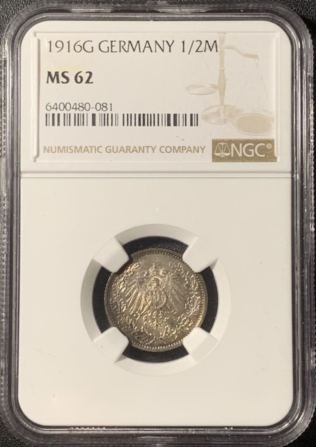 紫瑗钱币——第273期拍卖 德国 1916年 G版 第二帝国 1/2马克 银币 NGC MS62 五彩包浆