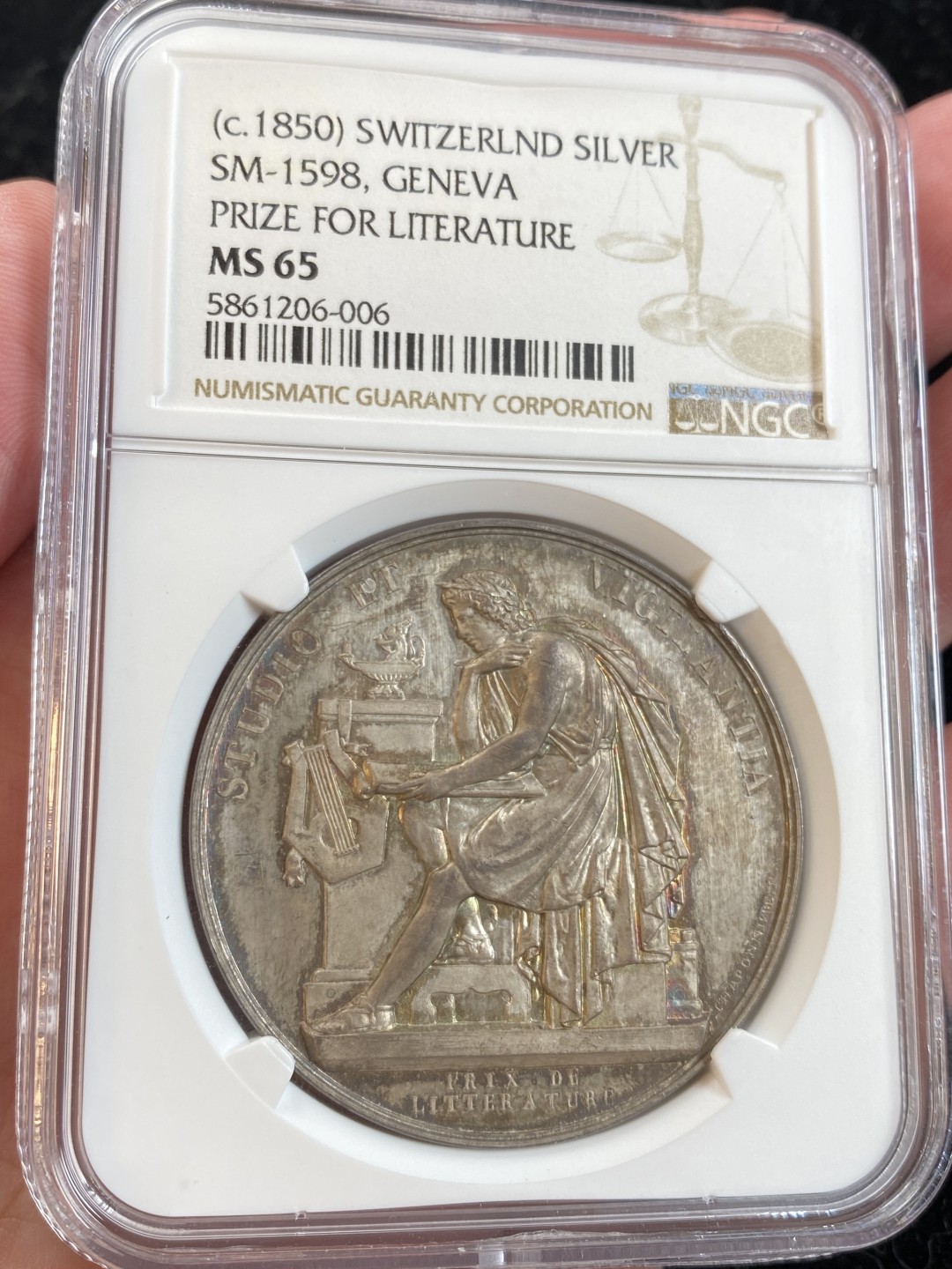 万国钱币拍卖第009期（万国白金之夜） NGC MS65 1850年瑞士日内瓦学院银章，镜面五彩，原味顶级品相。