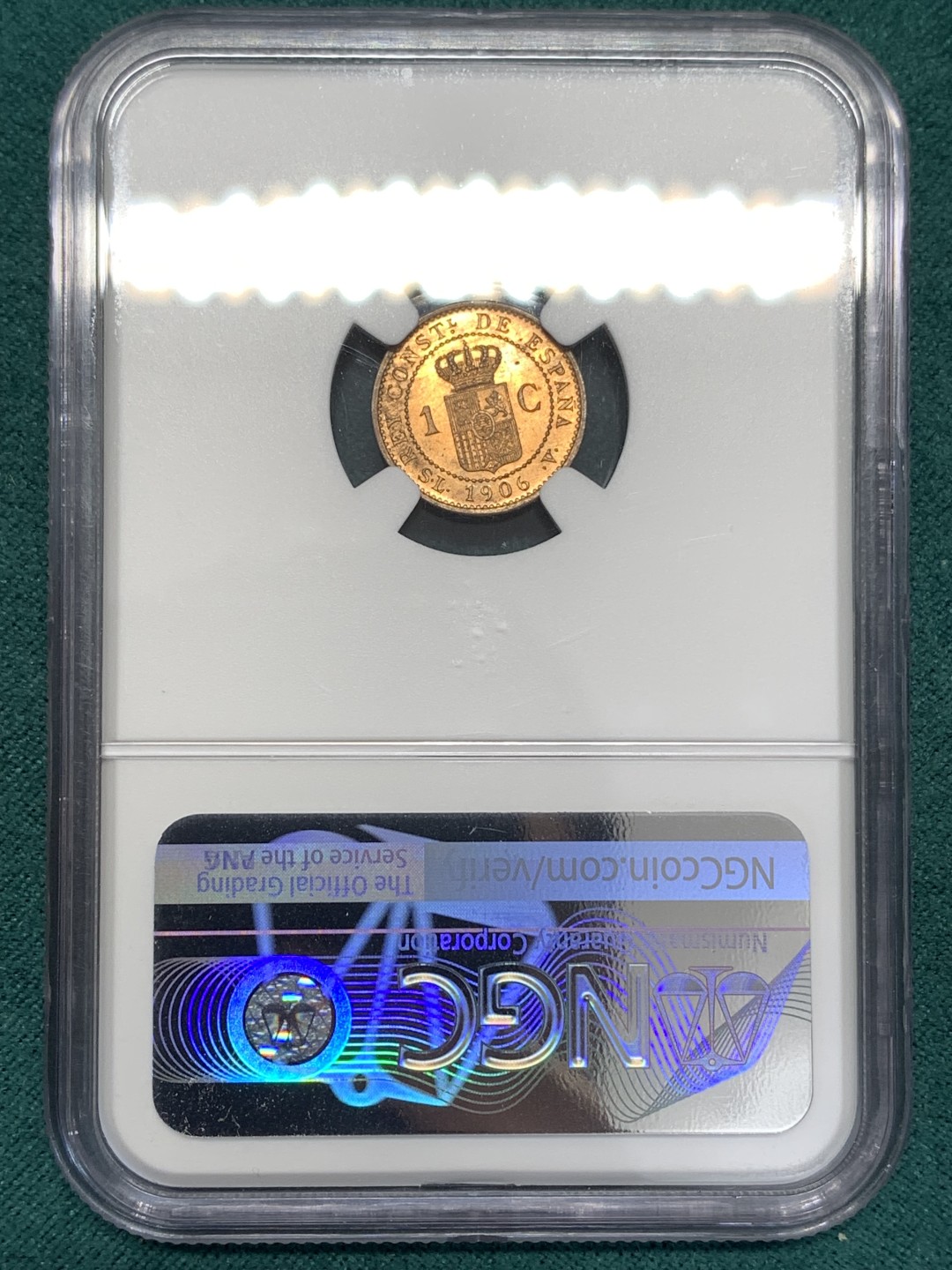 《竞宝斋》第169场-周日，周一2场 (全场包邮) NGC MS65RD 西班牙1906 阿方索十三世1分铜币 完美品相