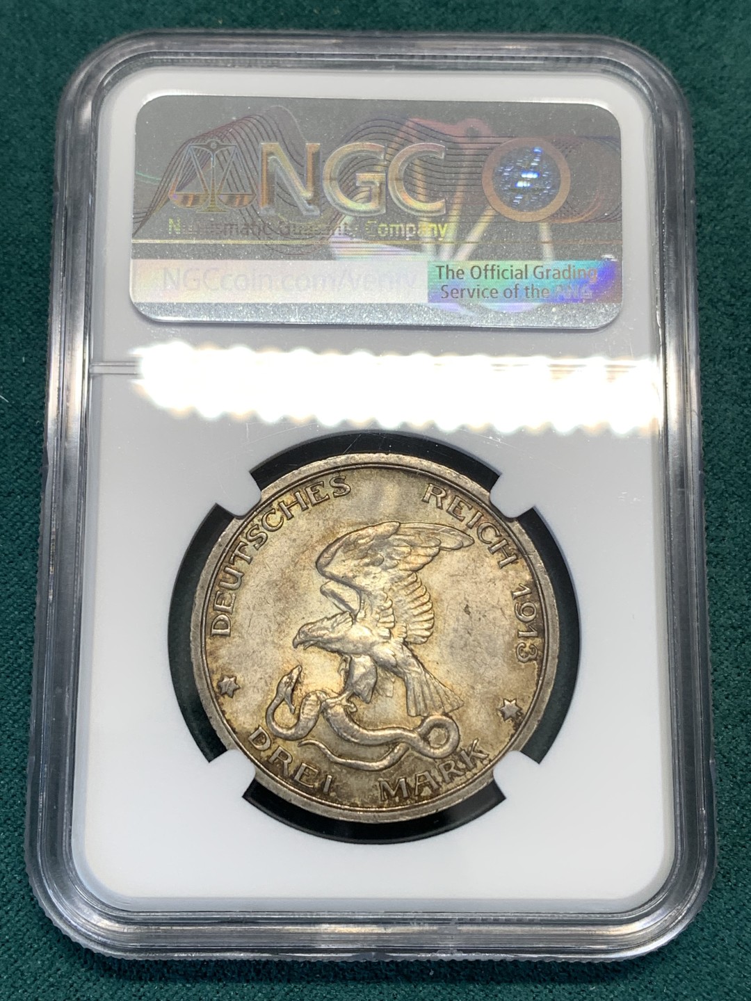 《竞宝斋》第169场-周日，周一2场 (全场包邮) NGC-MS63 德国 1913年 3马克 战胜拿破仑 银币 银光熠熠 底板完整 浮雕繁复 入门纪念马克