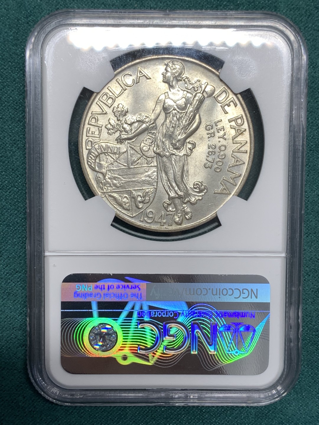 《竞宝斋》第169场-周日，周一2场 (全场包邮) NGC MS63  巴拿马1947年 牛仔美女 1巴尔波阿 大银币 淡彩包浆 暴涨系列