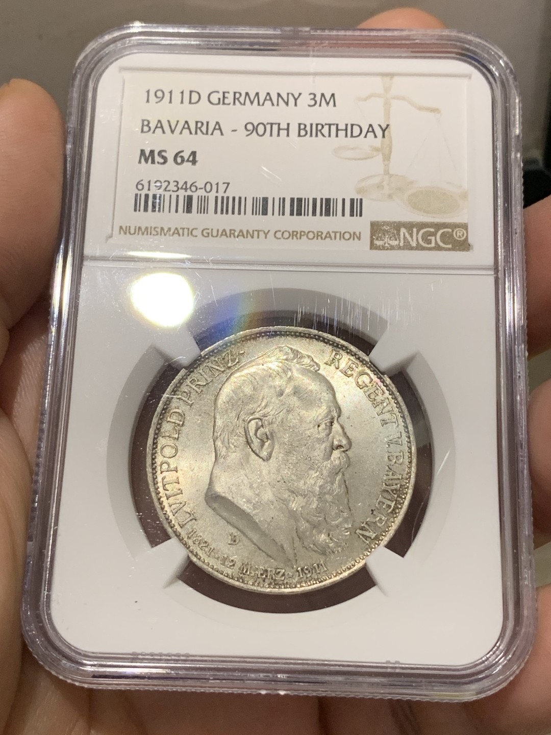 《竞宝斋》第169场-周日，周一2场 (全场包邮) NGC-MS64 德国 巴伐利亚 1911年 摄政王利奥波德 90大寿纪念 3马克银币 状态好