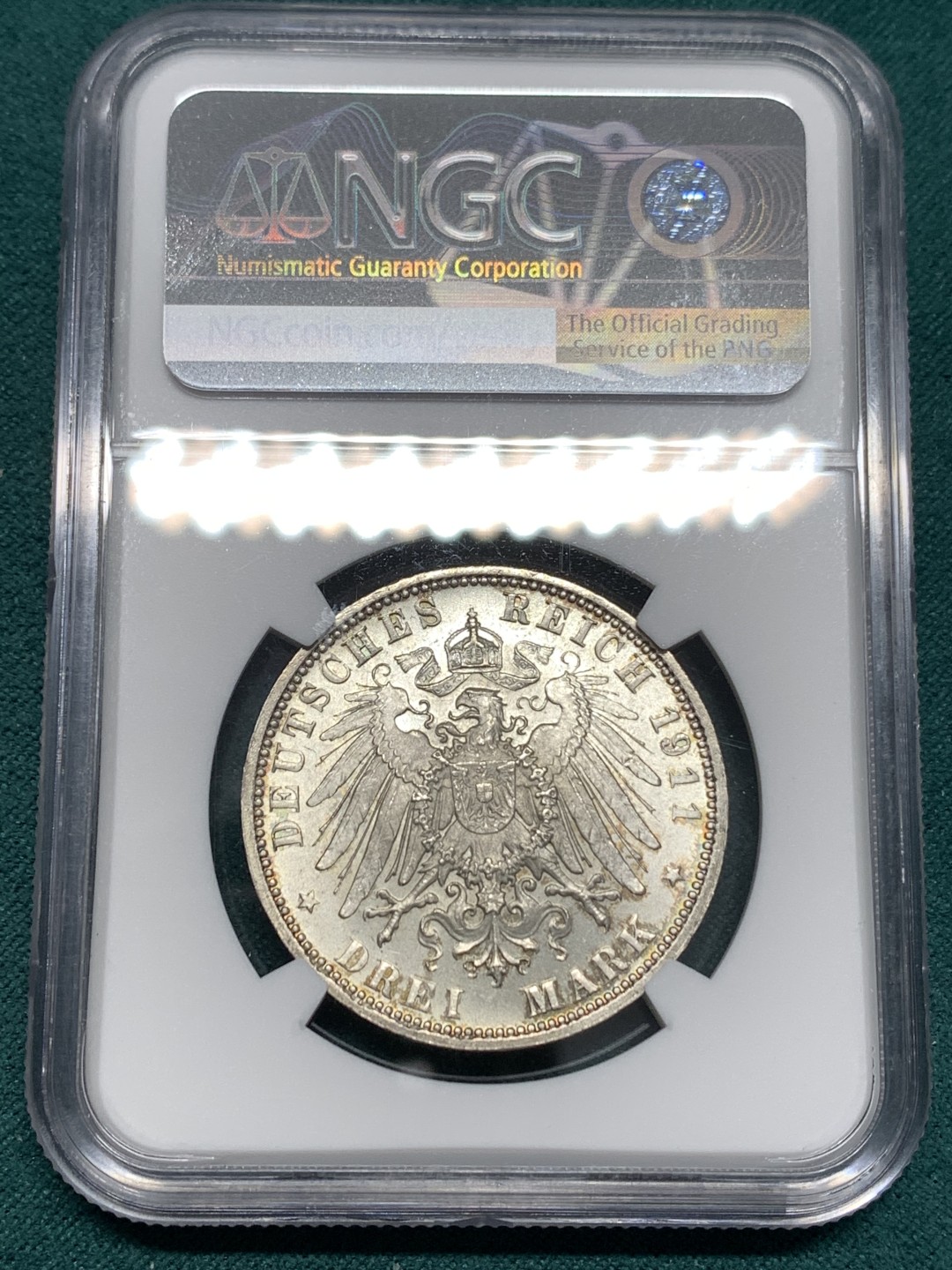 《竞宝斋》第169场-周日，周一2场 (全场包邮) NGC-MS64 德国 巴伐利亚 1911年 摄政王利奥波德 90大寿纪念 3马克银币 状态好