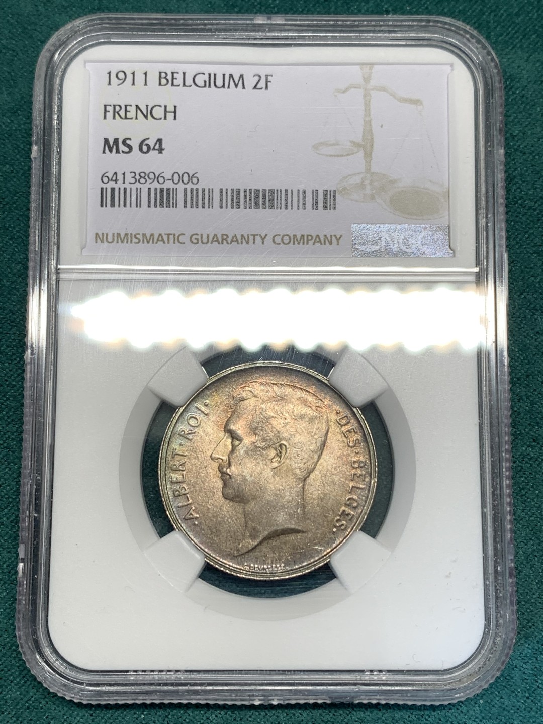 《竞宝斋》第169场-周日，周一2场 (全场包邮) NGC-MS64 比利时1911年 埃尔佩托2法郎银币 环彩包浆 顶级状态