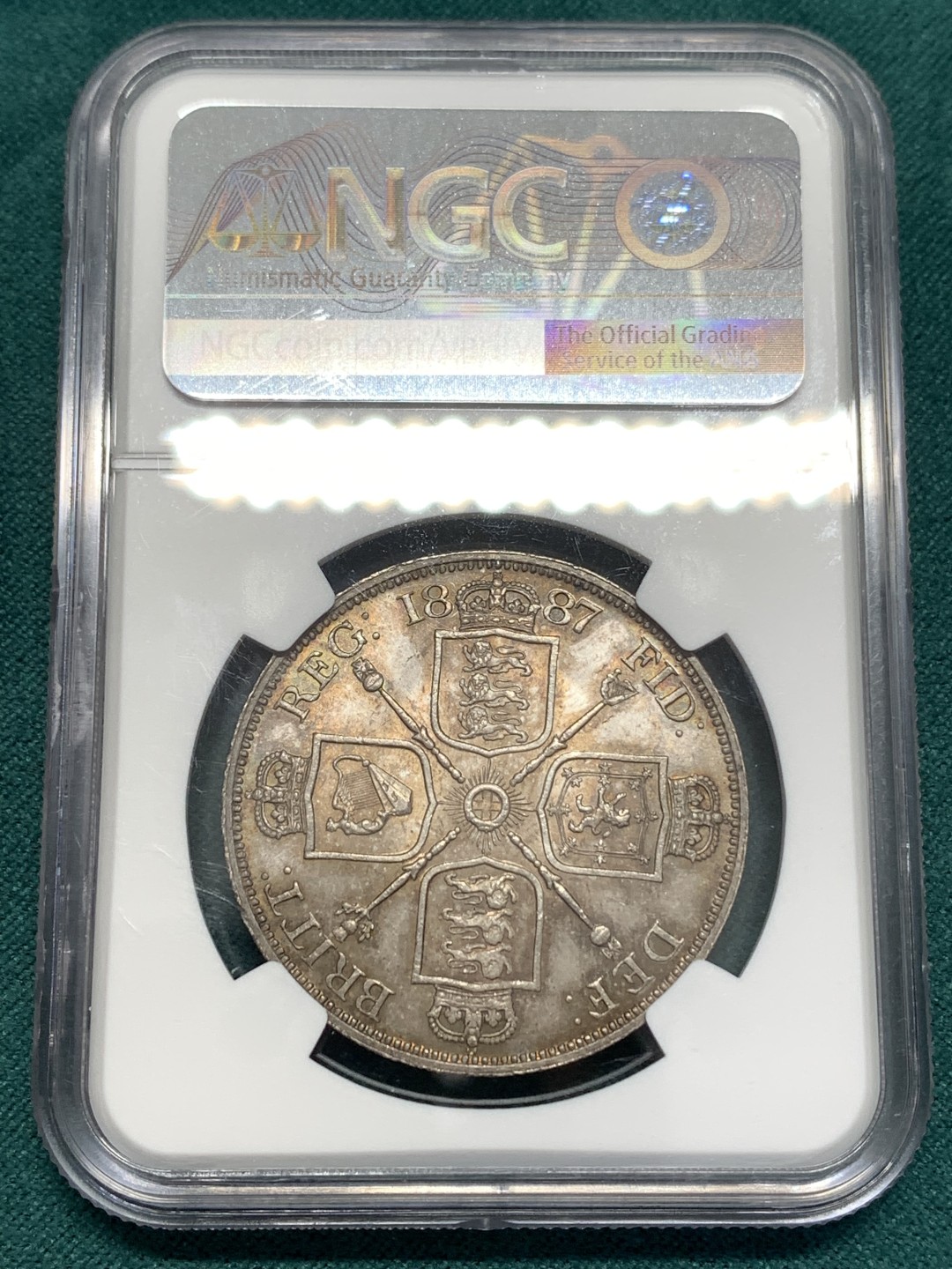 《竞宝斋》第169场-周日，周一2场 (全场包邮) NGC-MS63 英国1887年老维高冠双弗洛林大银币 包浆醇厚美丽 罗马1版本少见