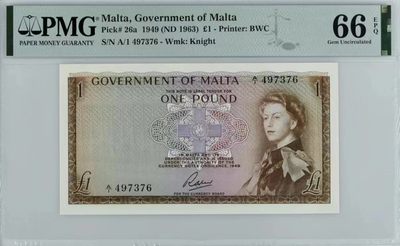 世界靓号纸钞第二十期-澳门95中银AA全同 - 1963年马耳他1镑 首发冠A1 PMG66亚军分 戎装女王版