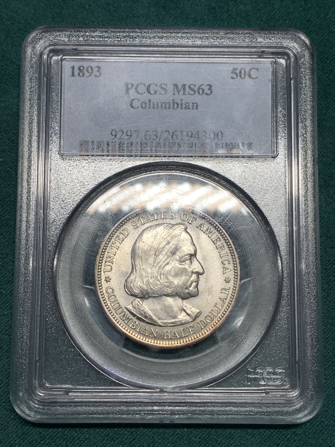 《竞宝斋》第169场-周日，周一2场 (全场包邮) PCGS-MS63 美国 1893年 哥伦布 50美分 半美元 带彩 老盒子严评