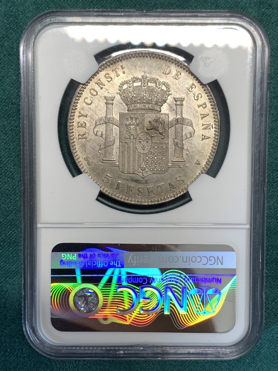 《竞宝斋》第169场-周日，周一2场 (全场包邮) NGC-UNC 西班牙1899年 阿方索十三世 5比塞塔双柱银币 顶级原光好品 可以重评