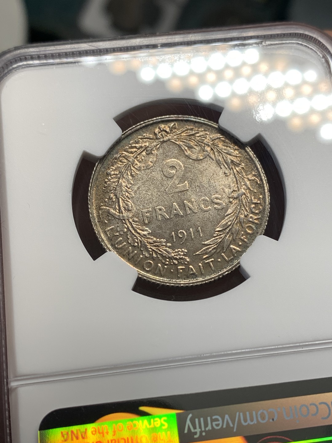 《竞宝斋》第169场-周日，周一2场 (全场包邮) NGC-MS64 比利时1911年 埃尔佩托2法郎银币 环彩包浆 顶级状态