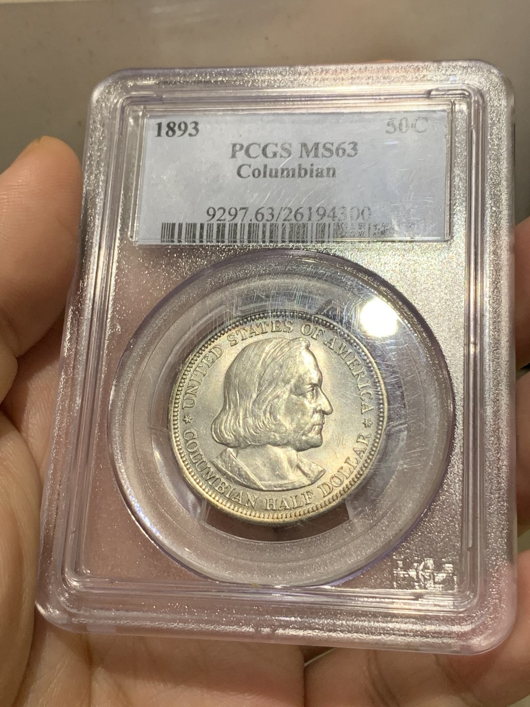 《竞宝斋》第169场-周日，周一2场 (全场包邮) PCGS-MS63 美国 1893年 哥伦布 50美分 半美元 带彩 老盒子严评
