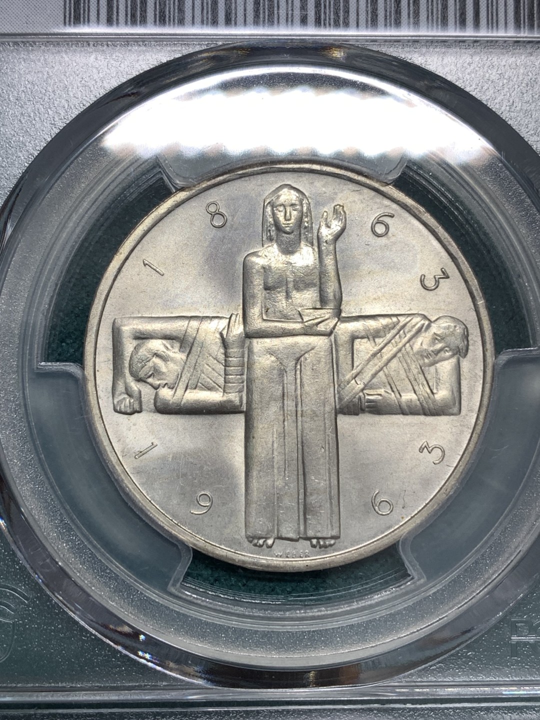 《竞宝斋》第169场-周日，周一2场 (全场包邮) PCGS MS66 瑞士 1963年 国际红十字会 100年 5法郎纪念银币