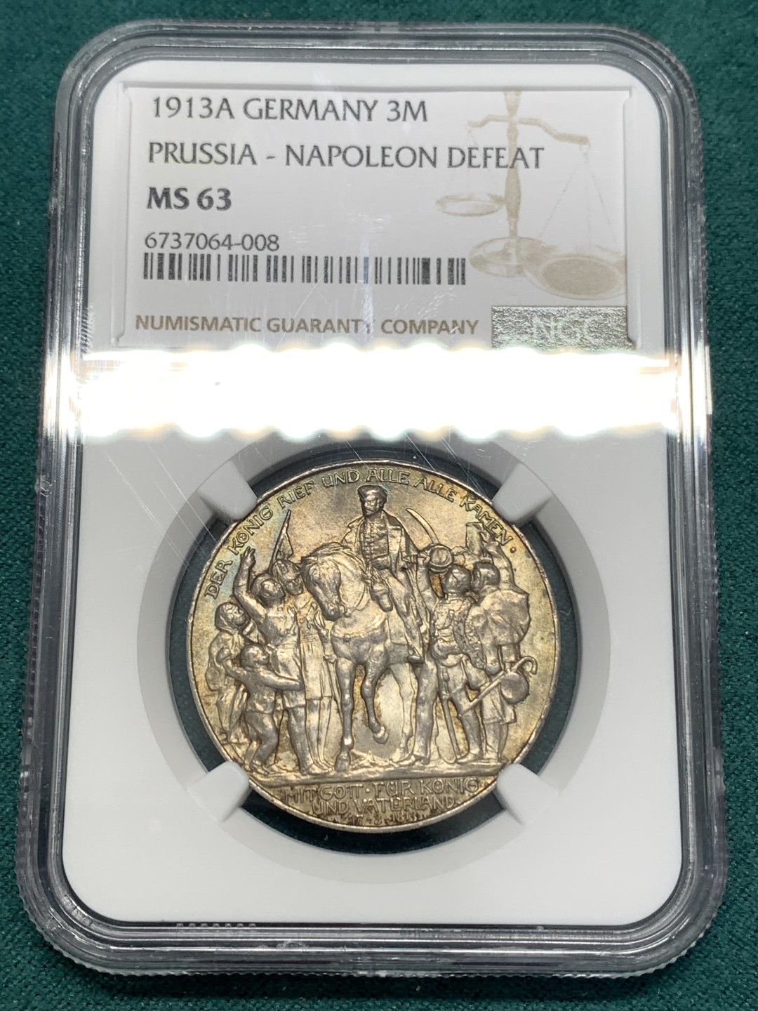 《竞宝斋》第169场-周日，周一2场 (全场包邮) NGC-MS63 德国 1913年 3马克 战胜拿破仑 银币 银光熠熠 底板完整 浮雕繁复 入门纪念马克