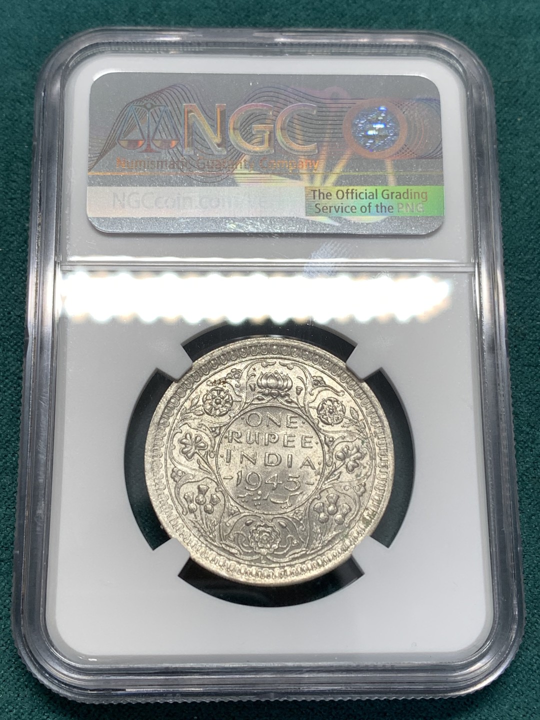 《竞宝斋》第169场-周日，周一2场 (全场包邮) NGC MS63 英属印度1945  乔治六世1卢比银币