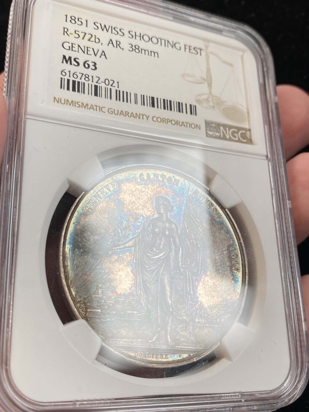万国钱币拍卖第009期（万国白金之夜） NGC MS63 1851瑞士日内瓦射击节女神银章，原味五彩，镜面底板。