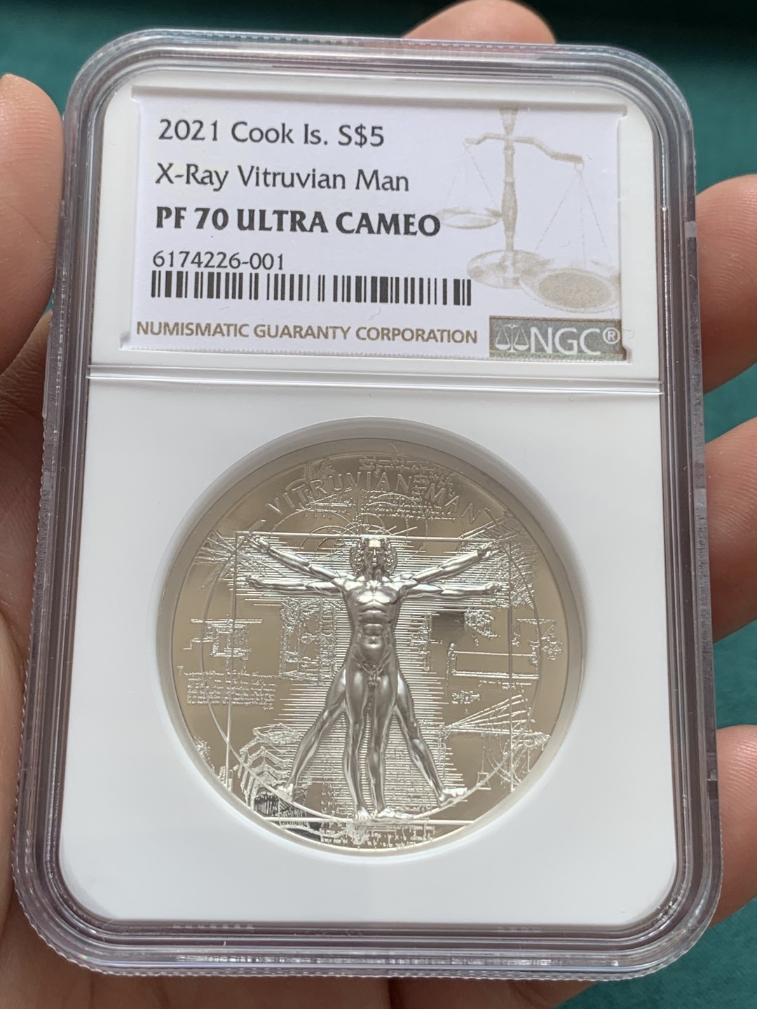 《竞宝斋》第169场-周日，周一2场 (全场包邮) NGC PF70UC 库克 2021达芬奇达芬奇维特鲁维亚人 X-ray黄金分割5元银币 发行量999枚 带盒子