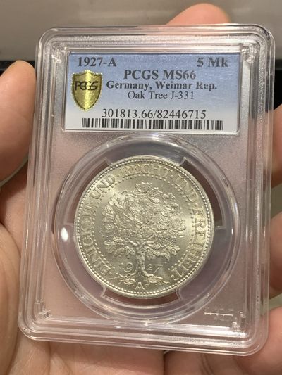 《竞宝斋》第169场-周日，周一2场 (全场包邮) - PCGS-MS66 德国魏玛共和国1927年橡树5马克纪念银币 高分名誉品 一步到位终身收藏