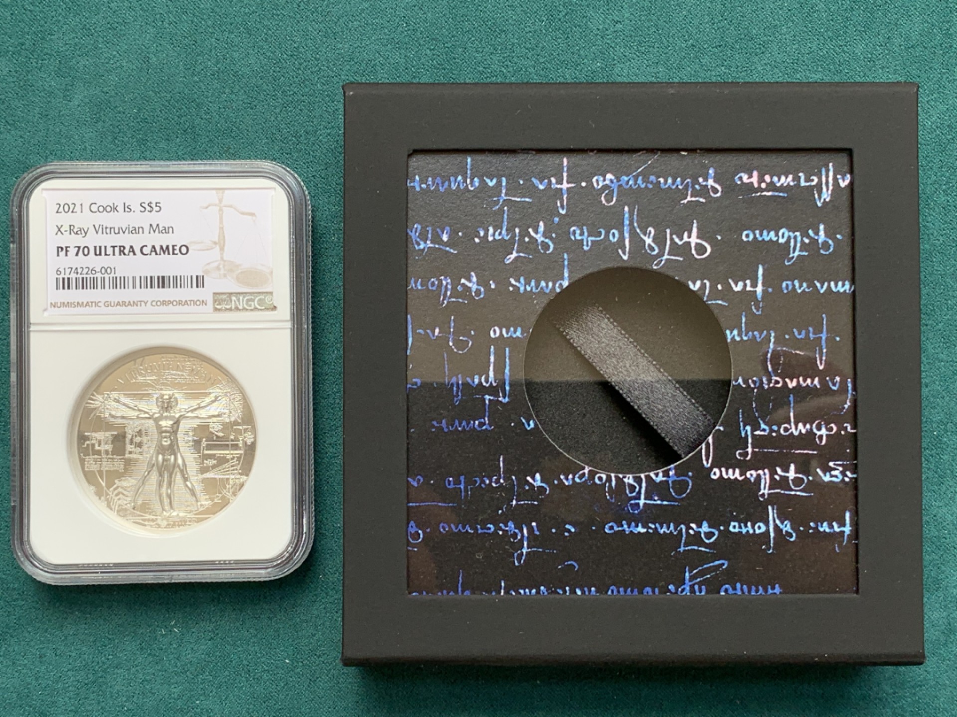 《竞宝斋》第169场-周日，周一2场 (全场包邮) NGC PF70UC 库克 2021达芬奇达芬奇维特鲁维亚人 X-ray黄金分割5元银币 发行量999枚 带盒子