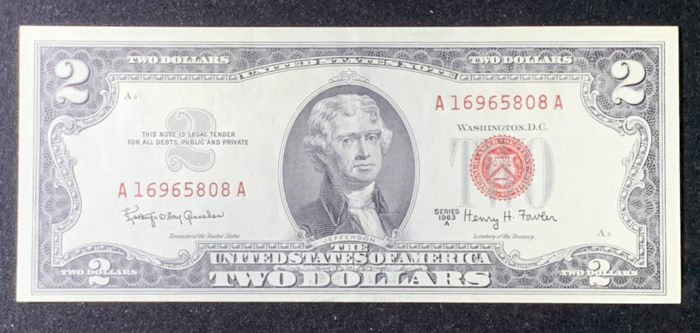 紫瑗钱币——第274期拍卖—纸币场 【尾8】美国 1963年 托马斯·杰斐逊 2美元 红印 红包折 UNC-