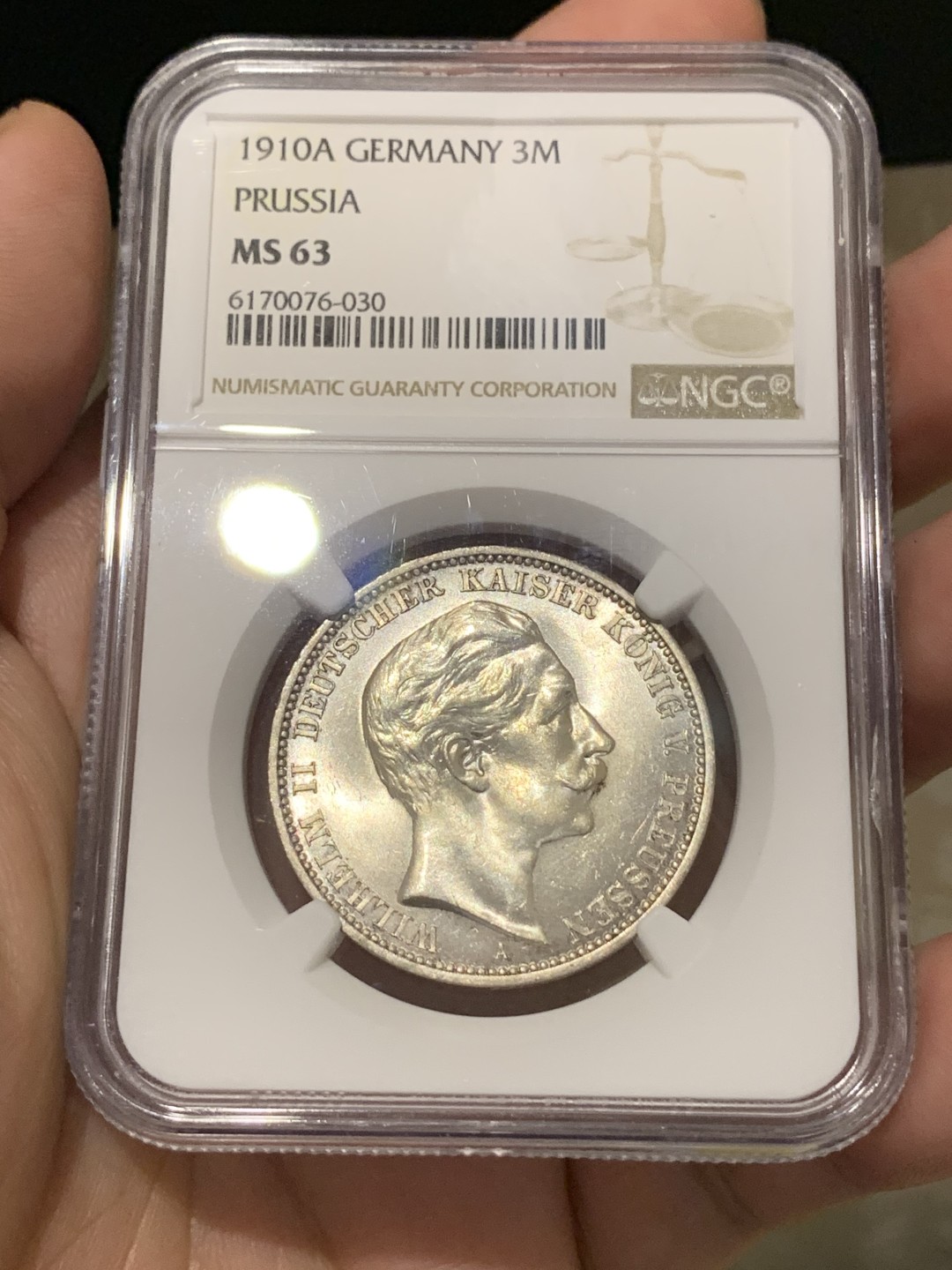 《竞宝斋》第169场-周日，周一2场 (全场包邮) NGC MS63 德国普鲁士 1910年威廉二世 3马克银币 流通币 难得