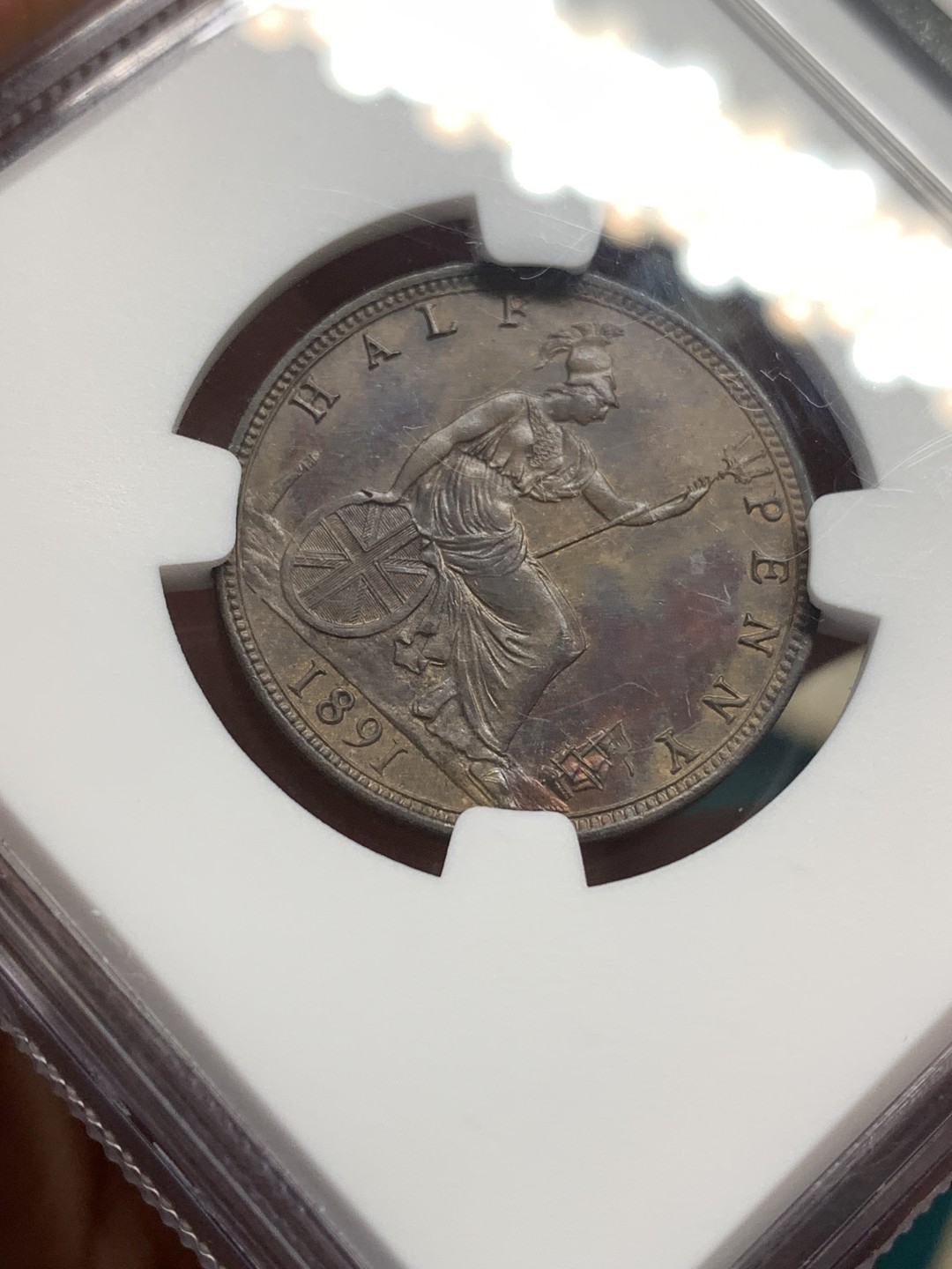 《竞宝斋》第169场-周日，周一2场 (全场包邮) NGC UNC 英国1891年1/2便士 币面状态非常好，两面图案高点毫无磨损