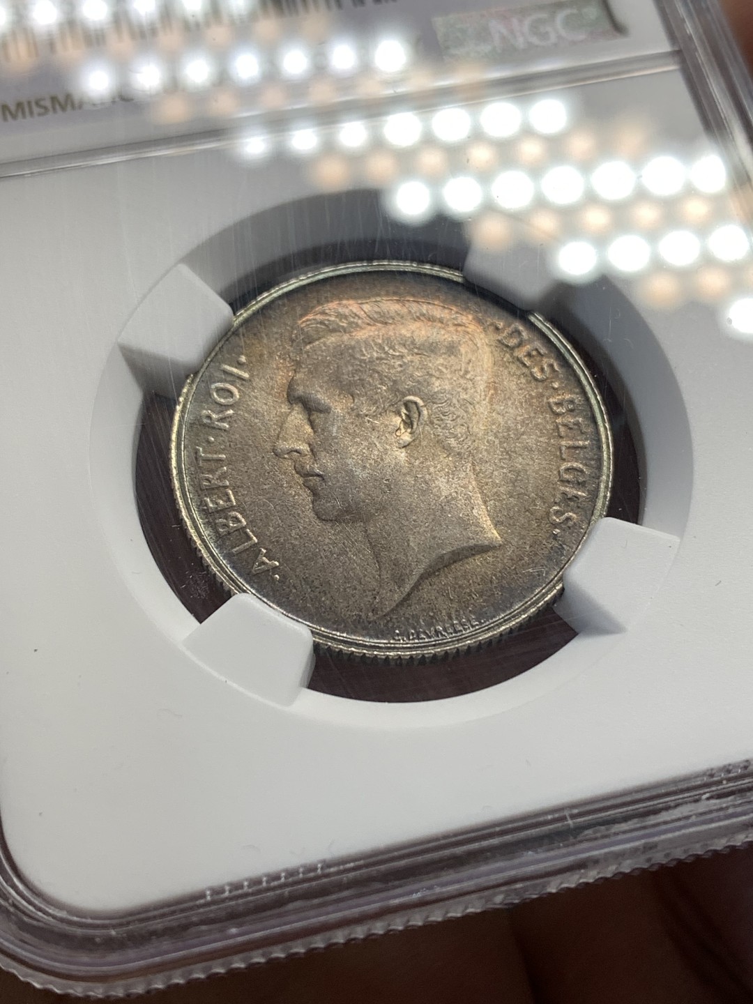 《竞宝斋》第169场-周日，周一2场 (全场包邮) NGC-MS64 比利时1911年 埃尔佩托2法郎银币 环彩包浆 顶级状态