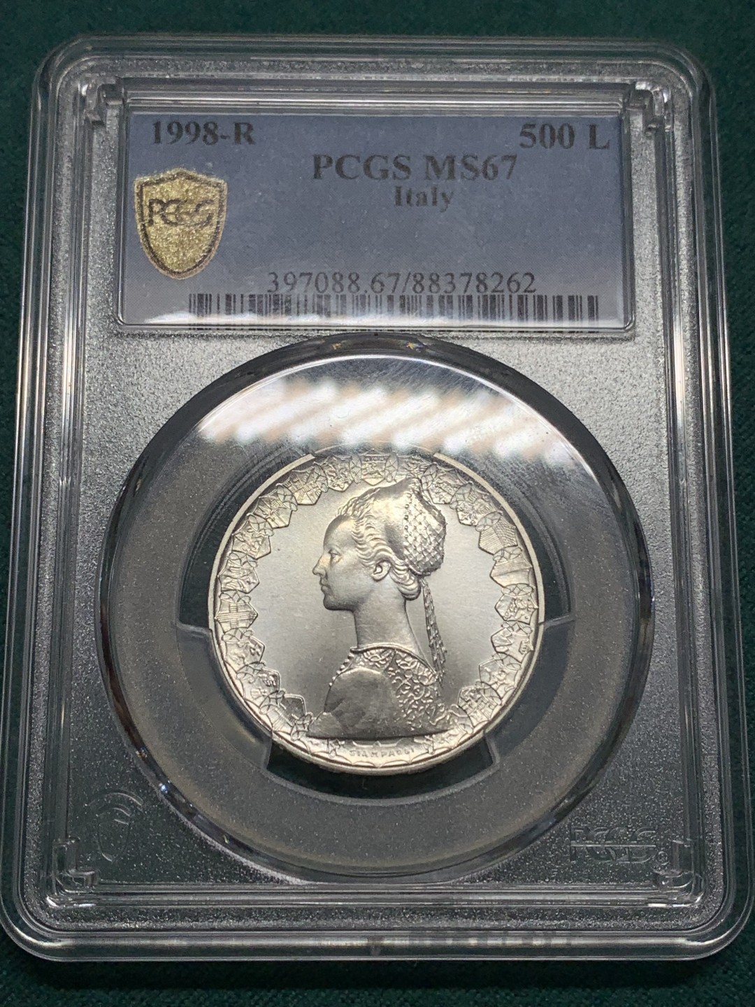 《竞宝斋》第169场-周日，周一2场 (全场包邮) PCGS-MS67 1998年 意大利 少女与帆船 500里拉 银币 亚军分 更高分仅一枚
