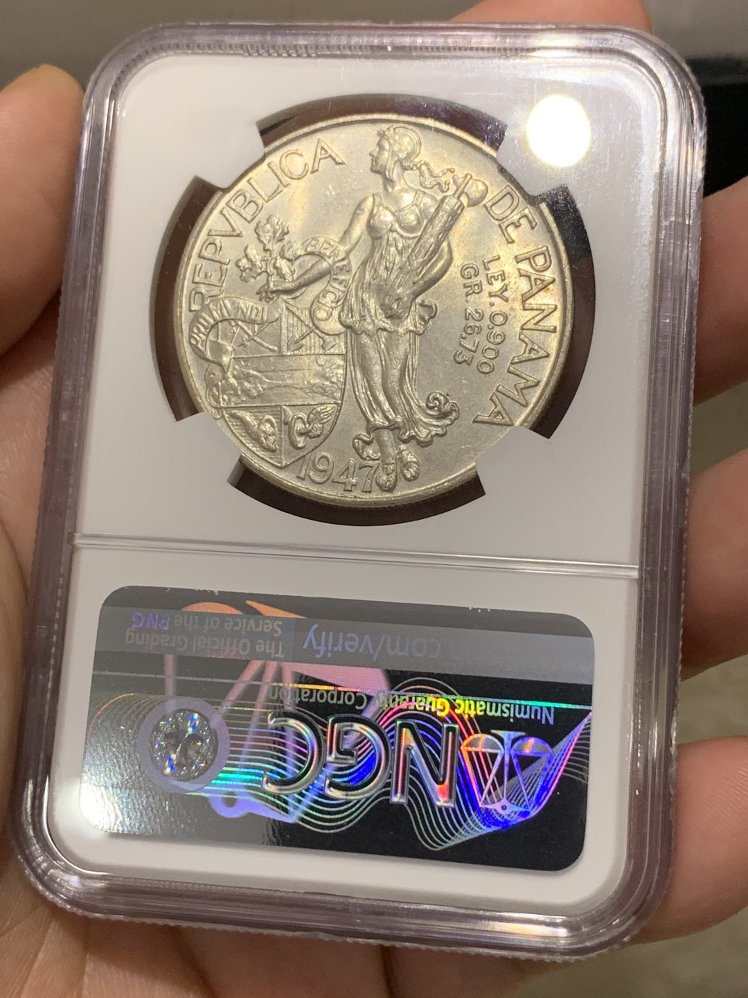 《竞宝斋》第169场-周日，周一2场 (全场包邮) NGC MS63  巴拿马1947年 牛仔美女 1巴尔波阿 大银币 淡彩包浆 暴涨系列