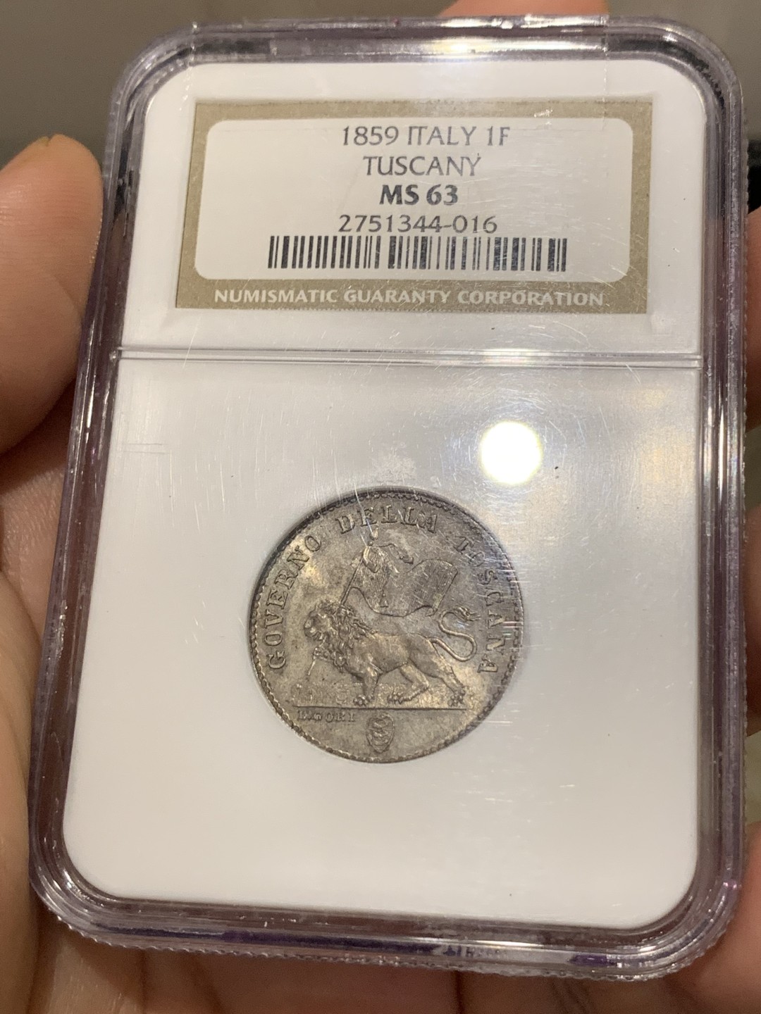 《竞宝斋》第169场-周日，周一2场 (全场包邮) NGC MS63 意大利1859托斯卡纳临时政府1弗洛林，单年版，临时政府发行的唯一银币。状态极佳带PL。From meduno collection