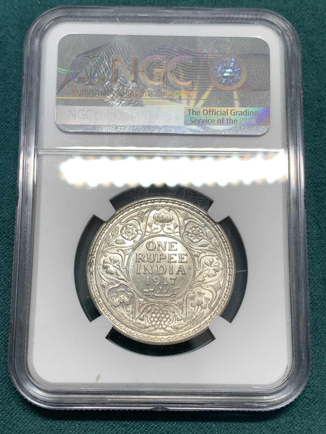 《竞宝斋》第169场-周日，周一2场 (全场包邮) NGC UNC 英属印度 1917-C版 乔五 1卢比 银币 状态不错