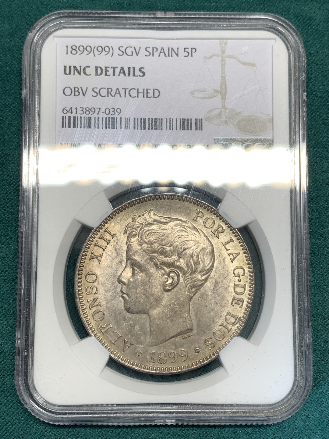 《竞宝斋》第169场-周日，周一2场 (全场包邮) NGC-UNC 西班牙1899年 阿方索十三世 5比塞塔双柱银币 顶级原光好品 可以重评