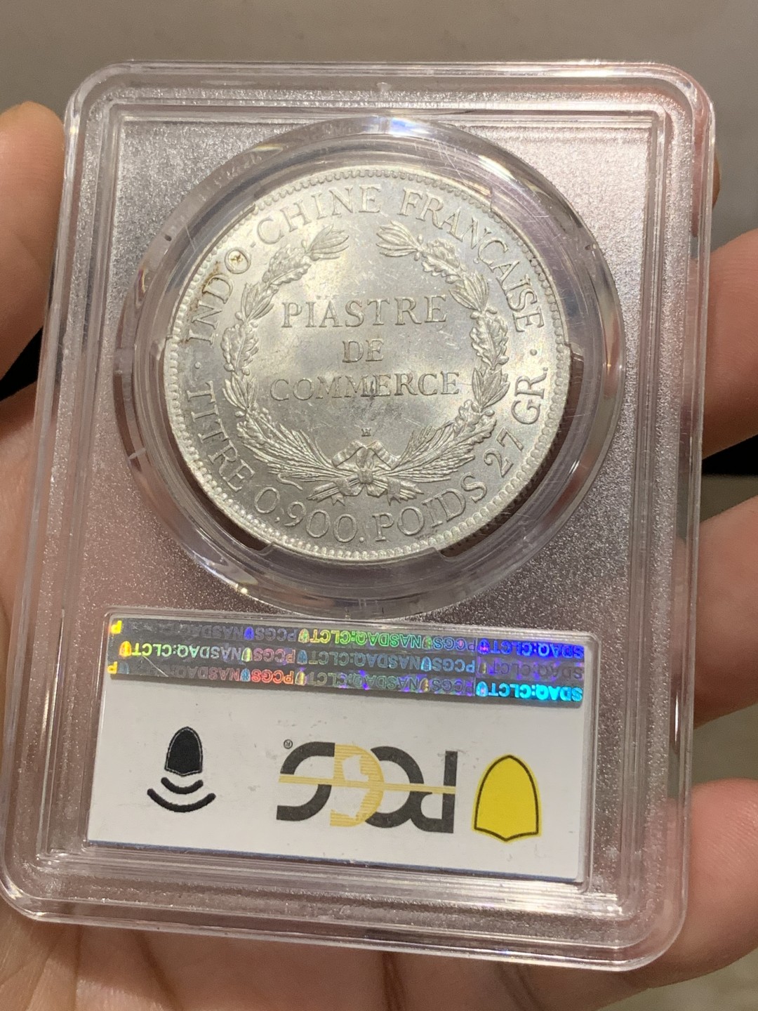 《竞宝斋》第169场-周日，周一2场 (全场包邮) PCGS MS62 法属印支 1922年H版 1p 坐洋大银币 极美底板 人物清晰