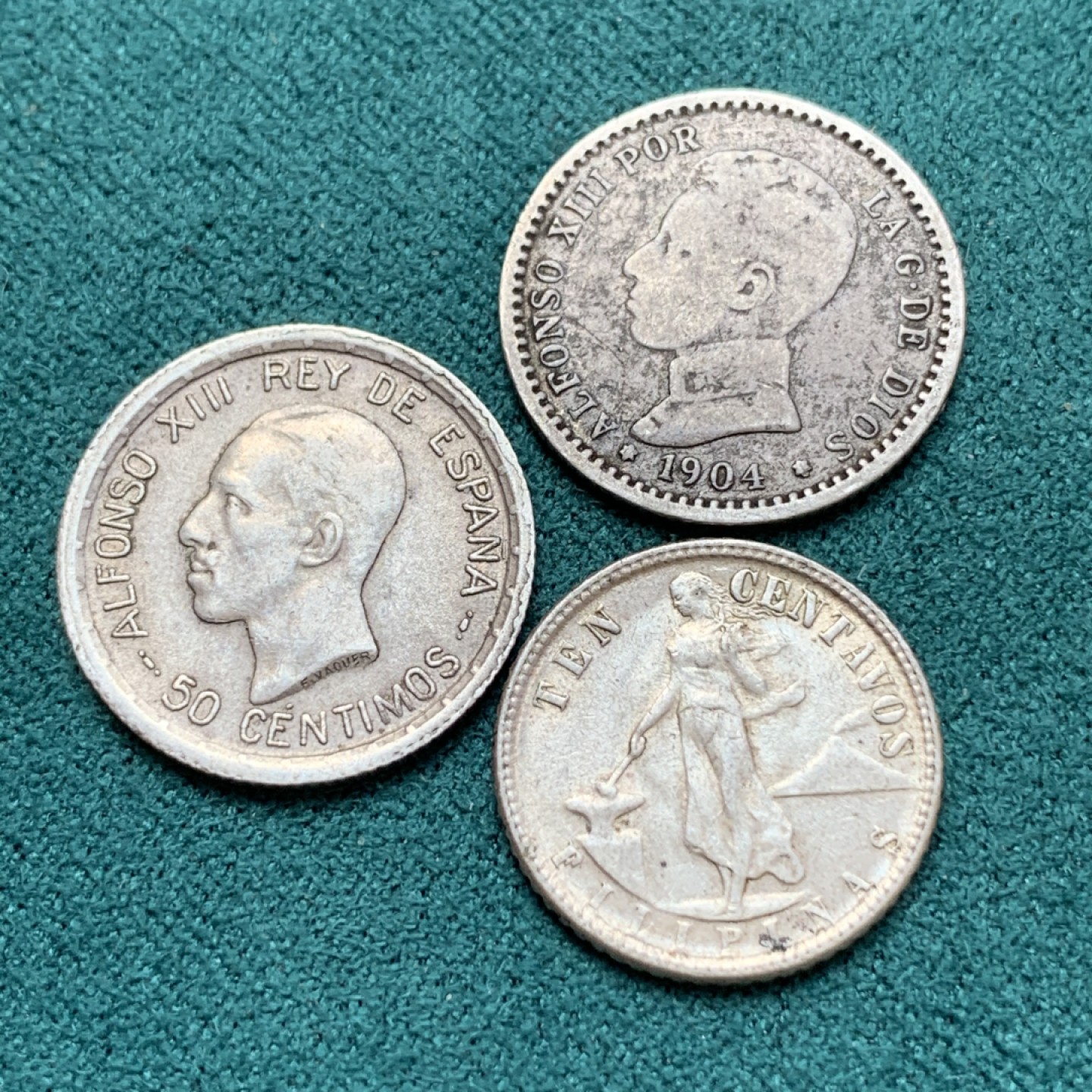 《竞宝斋》第169场-周日，周一2场 (全场包邮) 银币3枚一组 阿方索十三世 50分银币2枚+美占菲律宾 打铁10分银币一枚