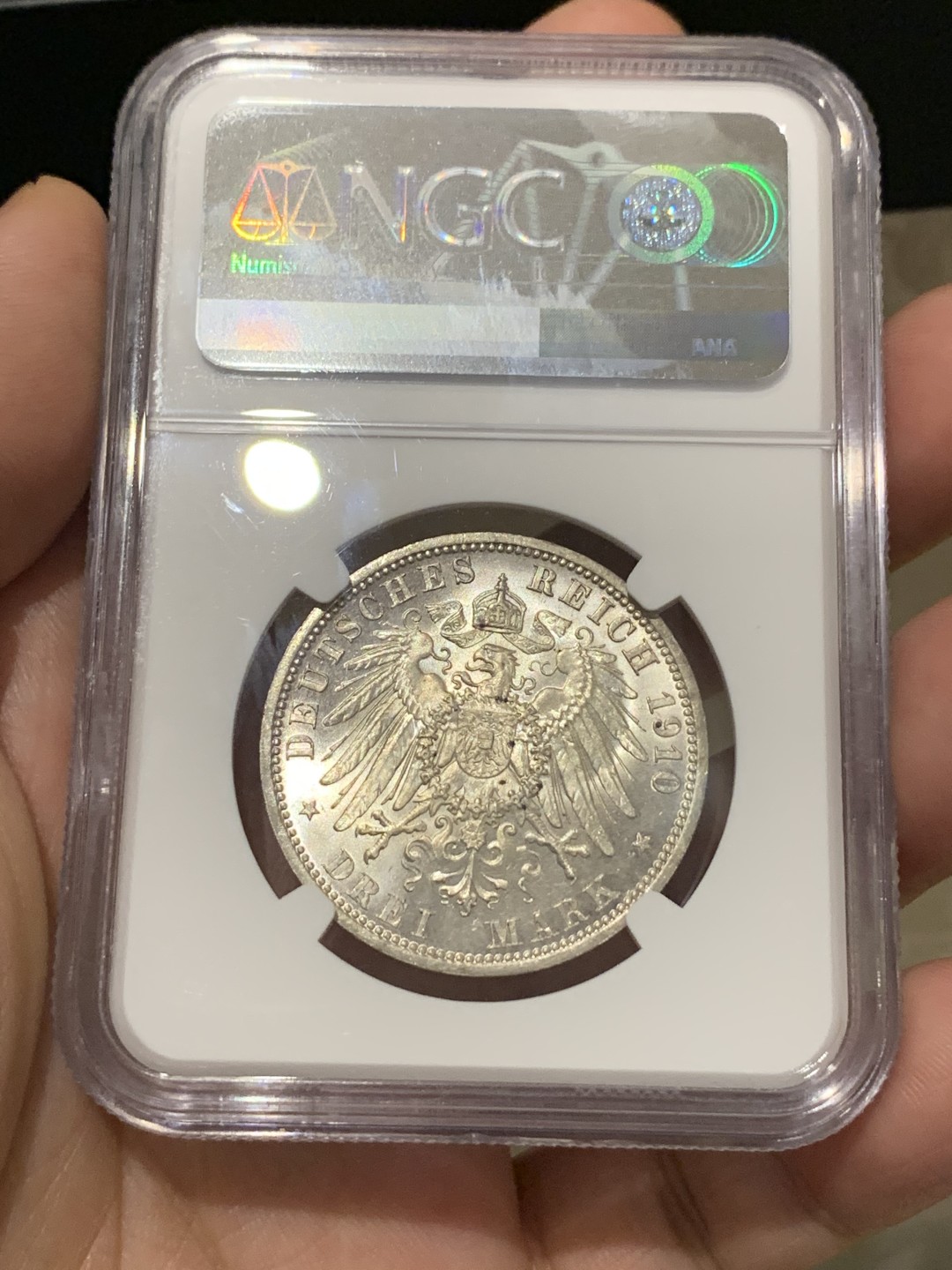 《竞宝斋》第169场-周日，周一2场 (全场包邮) NGC MS63 德国普鲁士 1910年威廉二世 3马克银币 流通币 难得