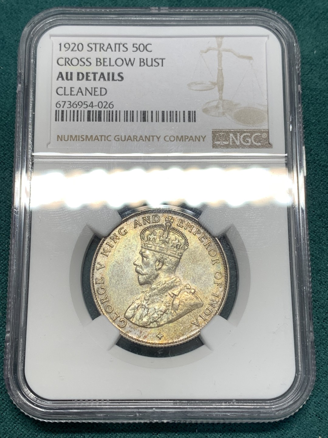 《竞宝斋》第169场-周日，周一2场 (全场包邮) NGC AUD  1920 英属海峡50分 银币 五彩包浆 低估的品种