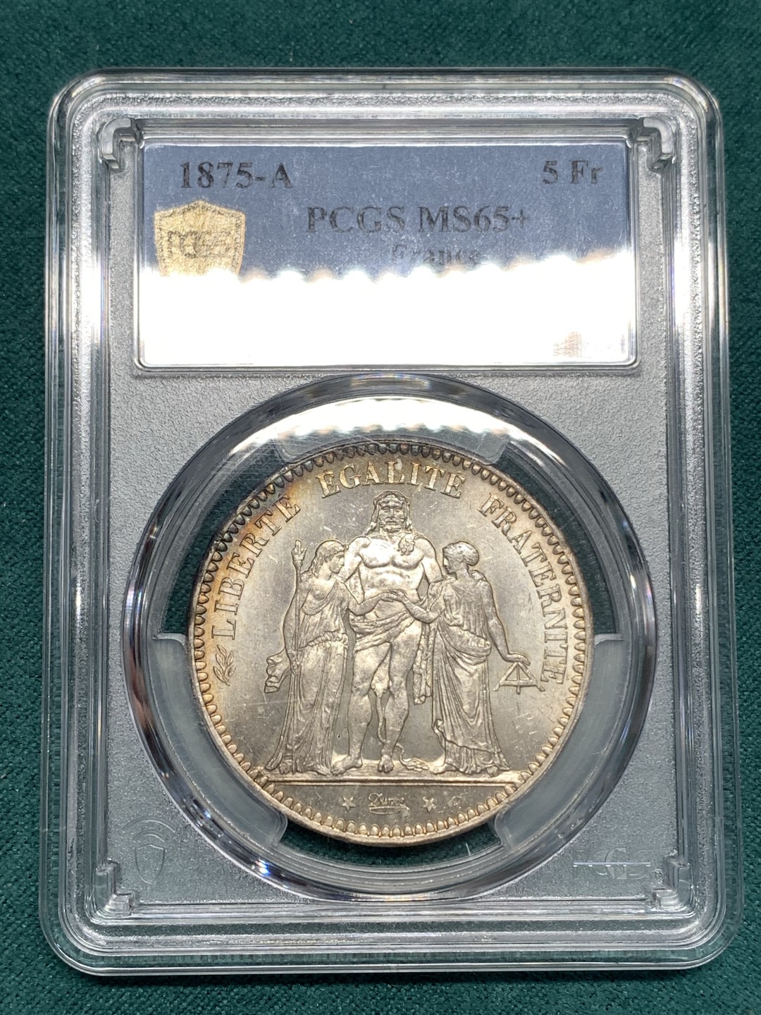 《竞宝斋》第169场-周日，周一2场 (全场包邮) PCGS MS65+ 法国 1875年 大力神 5法郎银币 底板丝滑 极美状态 发行量不足1873A的1/10