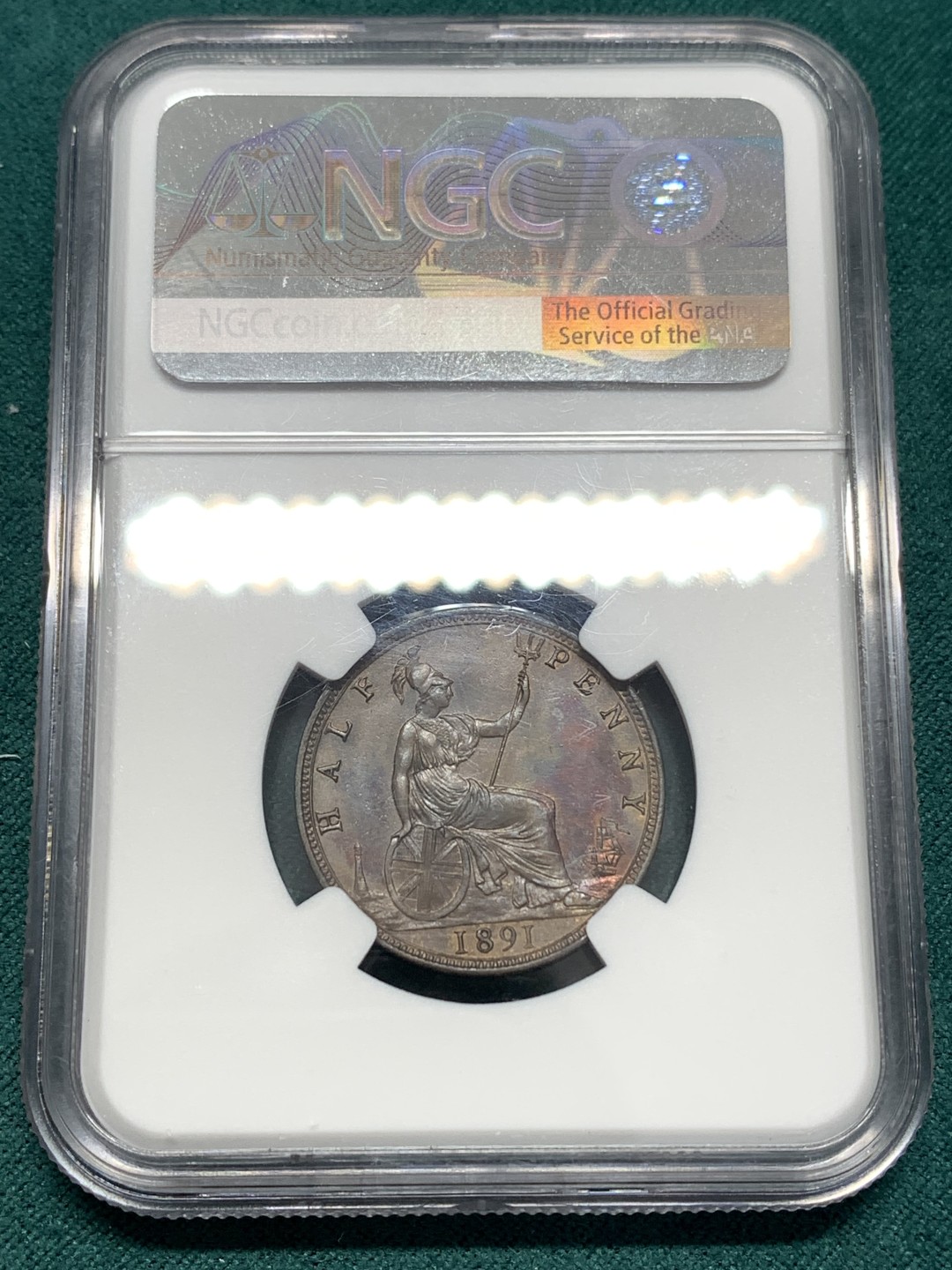 《竞宝斋》第169场-周日，周一2场 (全场包邮) NGC UNC 英国1891年1/2便士 币面状态非常好，两面图案高点毫无磨损
